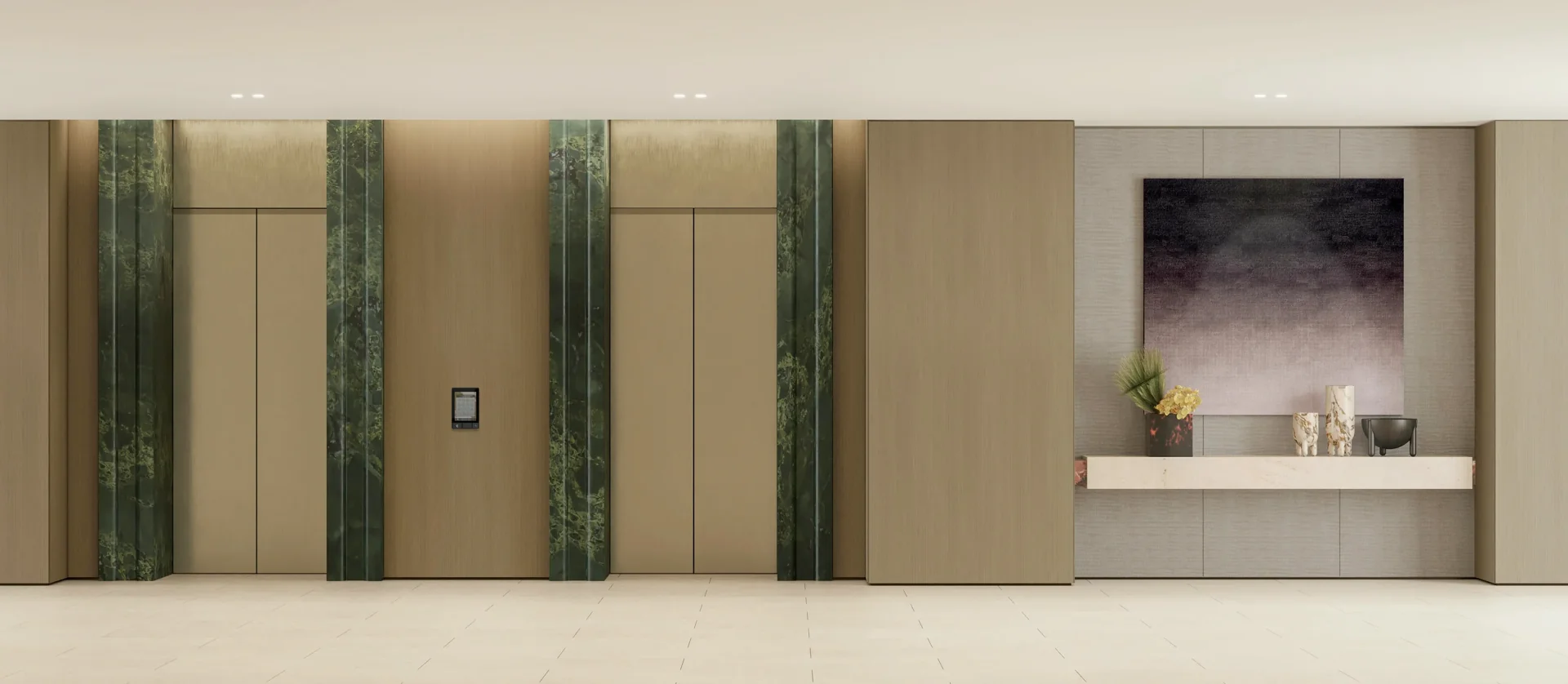 Green stone reception desk and wall panels at Eden House The Canal