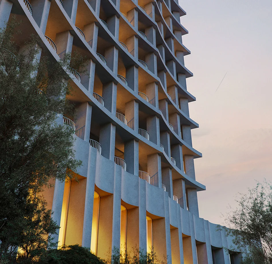Sculptural facade and recessed terraces at Eden House Za’abeel