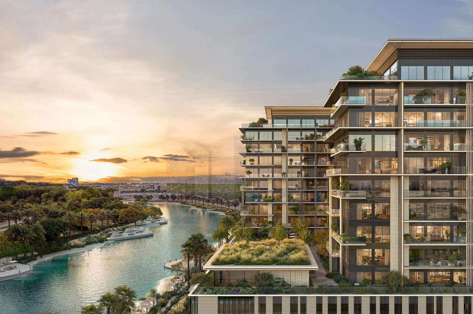 Architectural marketing render showing waterfront residential buildings in Dubai; no identifying text, branding, project name, developer name, or date is visible.