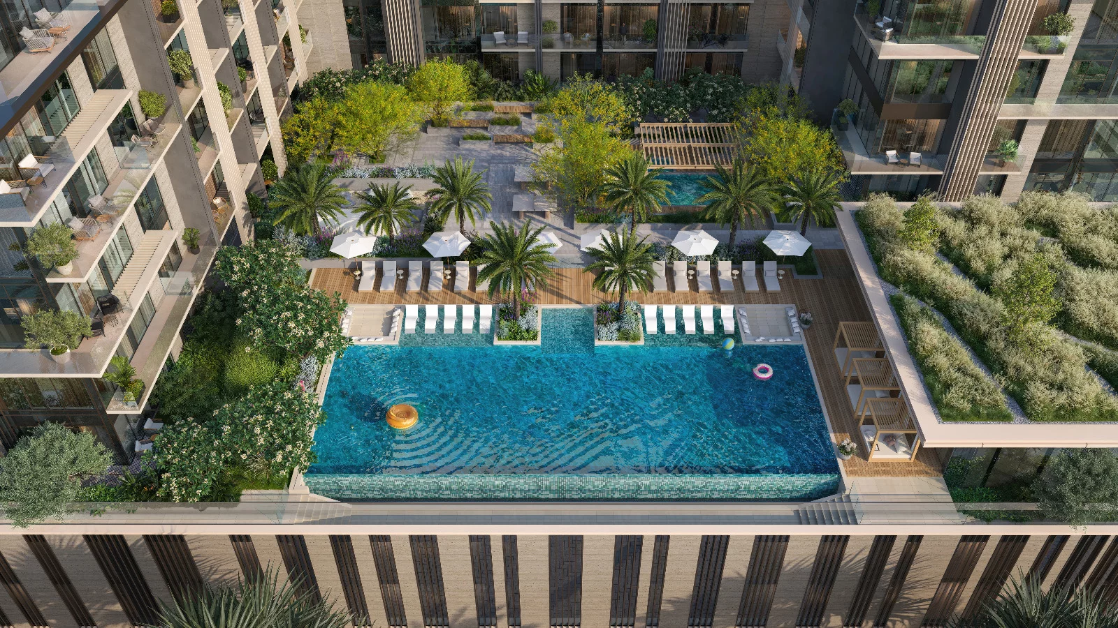Architectural visualization of a residential development amenity deck with a swimming pool and landscaped courtyard.