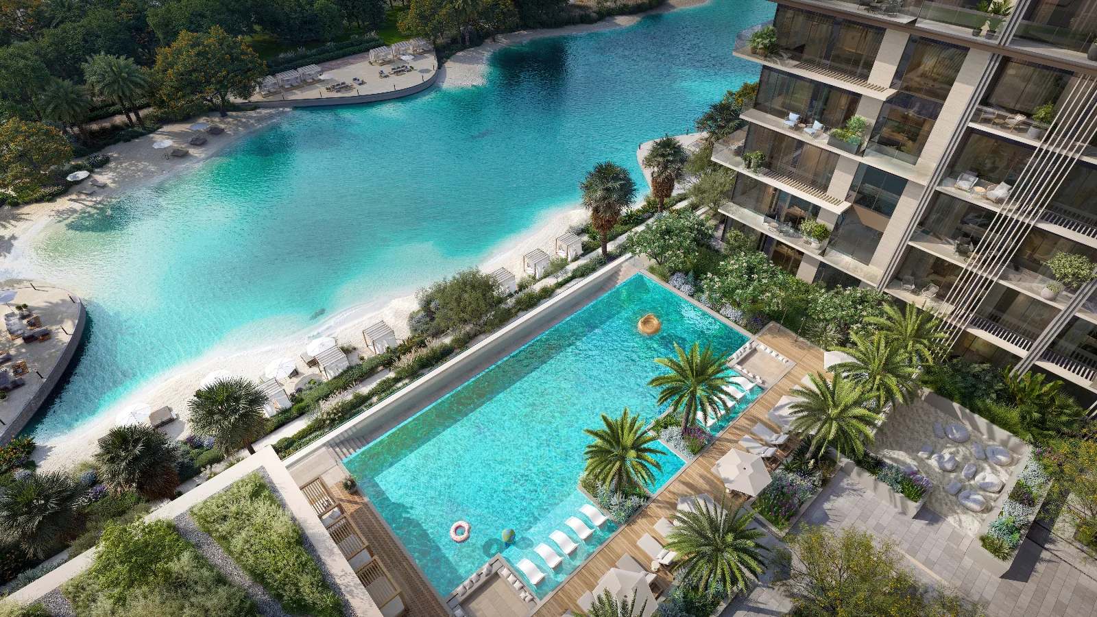 Unbranded architectural visualization of a residential building beside landscaped pools and a lagoon-style waterfront.