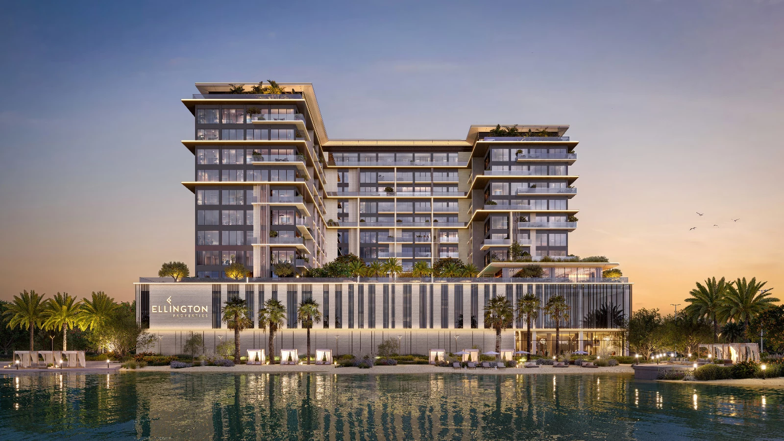 Architectural exterior render of a waterfront residential building branded ELLINGTON PROPERTIES.