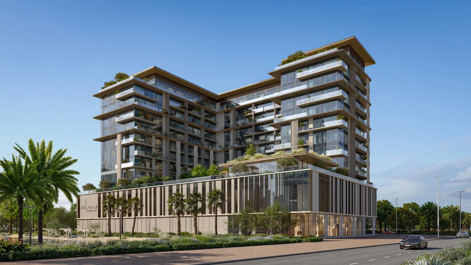 Developer-branded architectural exterior render of a residential building.