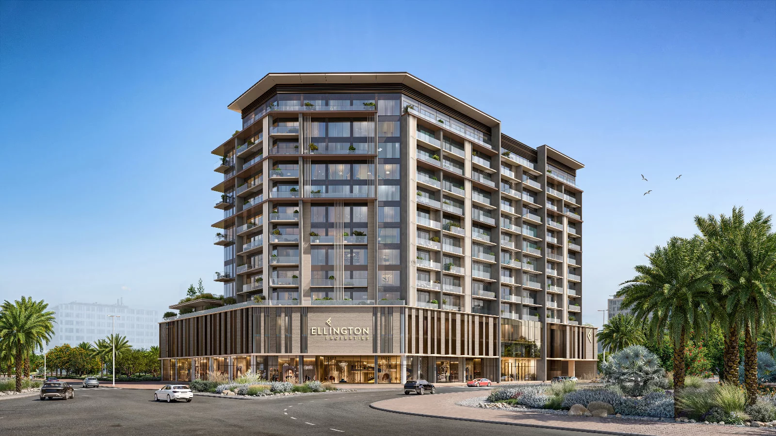 Exterior architectural rendering of a residential building branded ELLINGTON PROPERTIES.