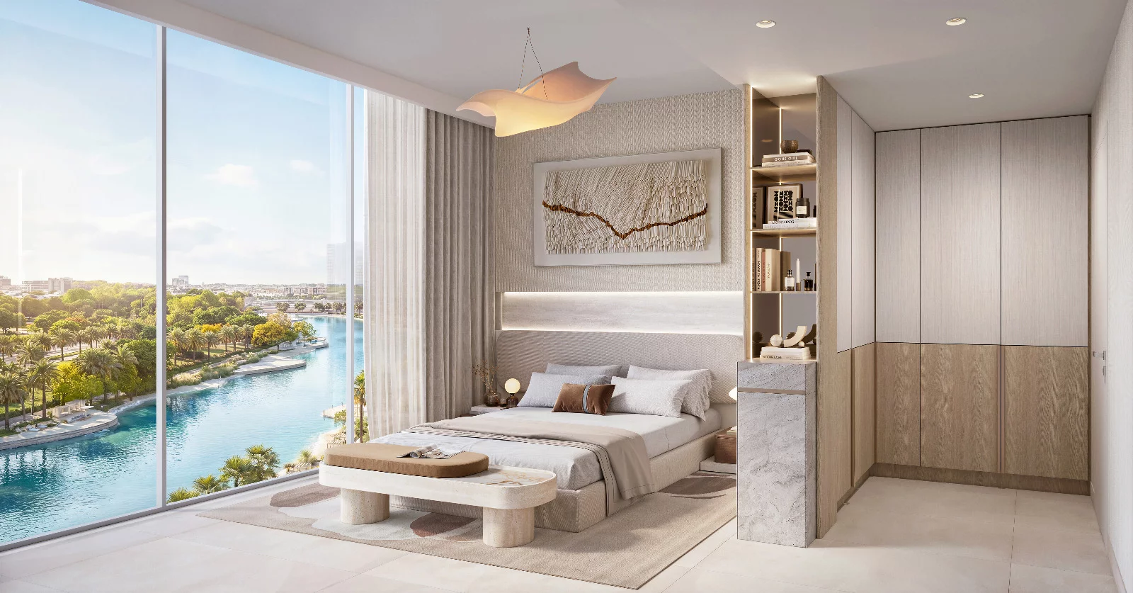 Residential bedroom interior architectural render with waterfront views.