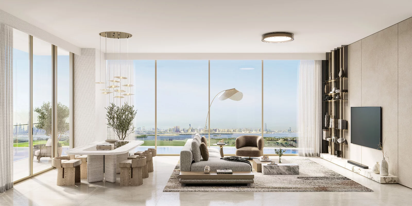 Residential interior architectural visualization showing an open-plan living and dining area with panoramic windows.