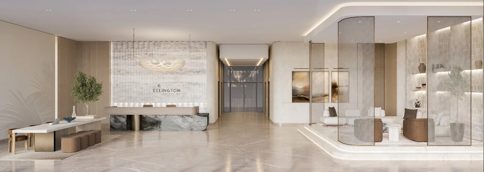 Interior reception and lounge render branded with Ellington Properties.
