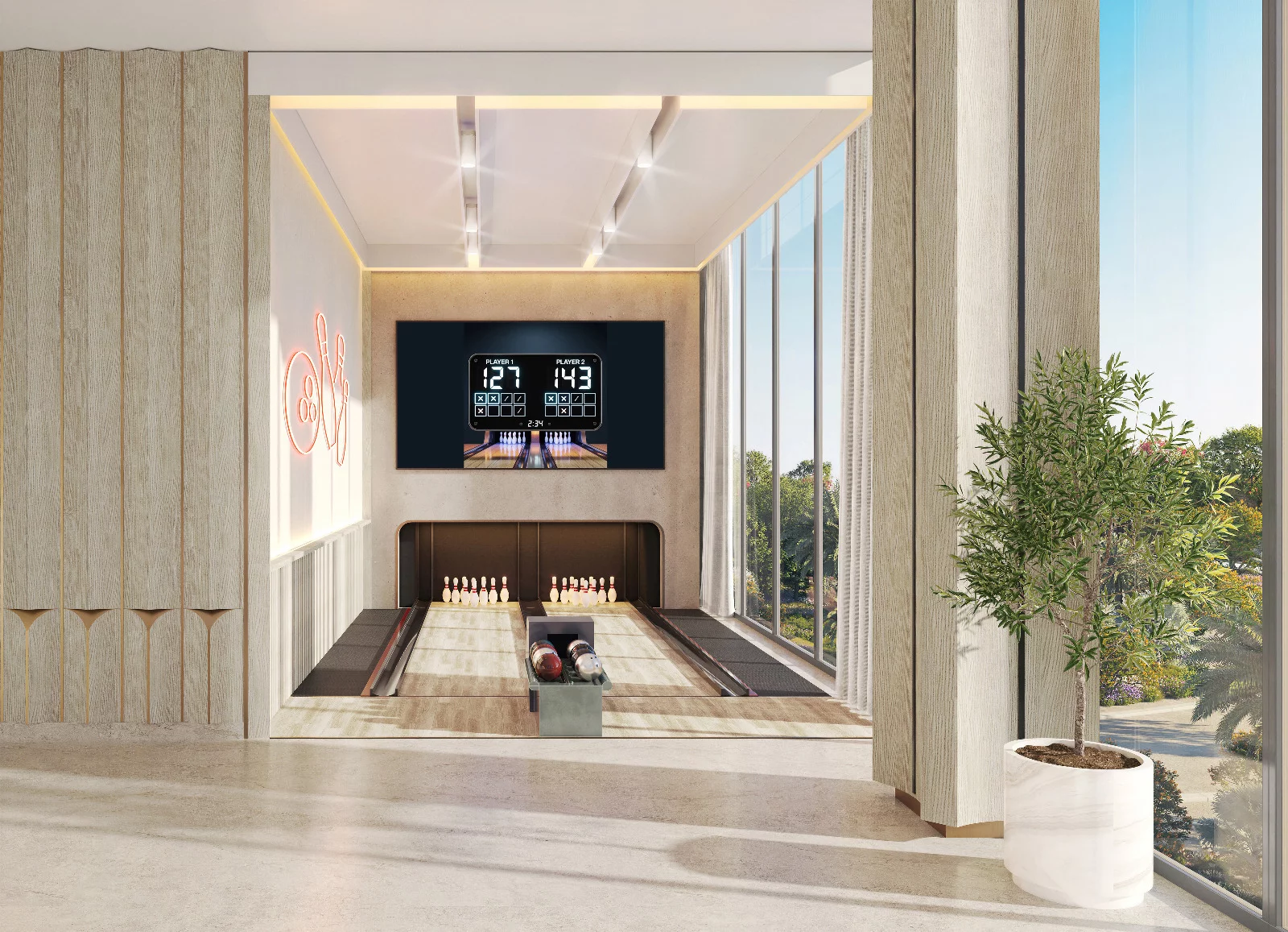 Architectural interior render depicting a private bowling amenity space.