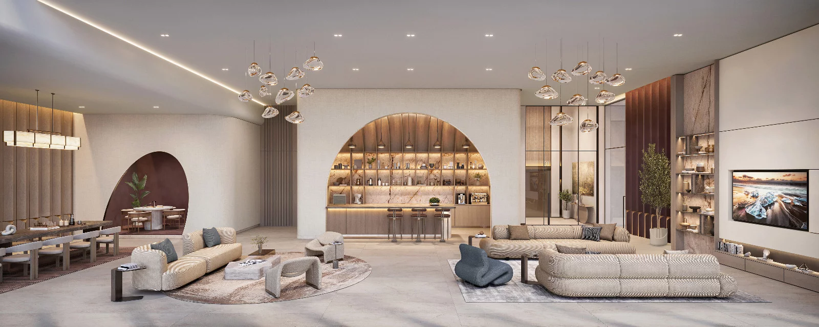Architectural visualization of a contemporary residential interior living and dining space.