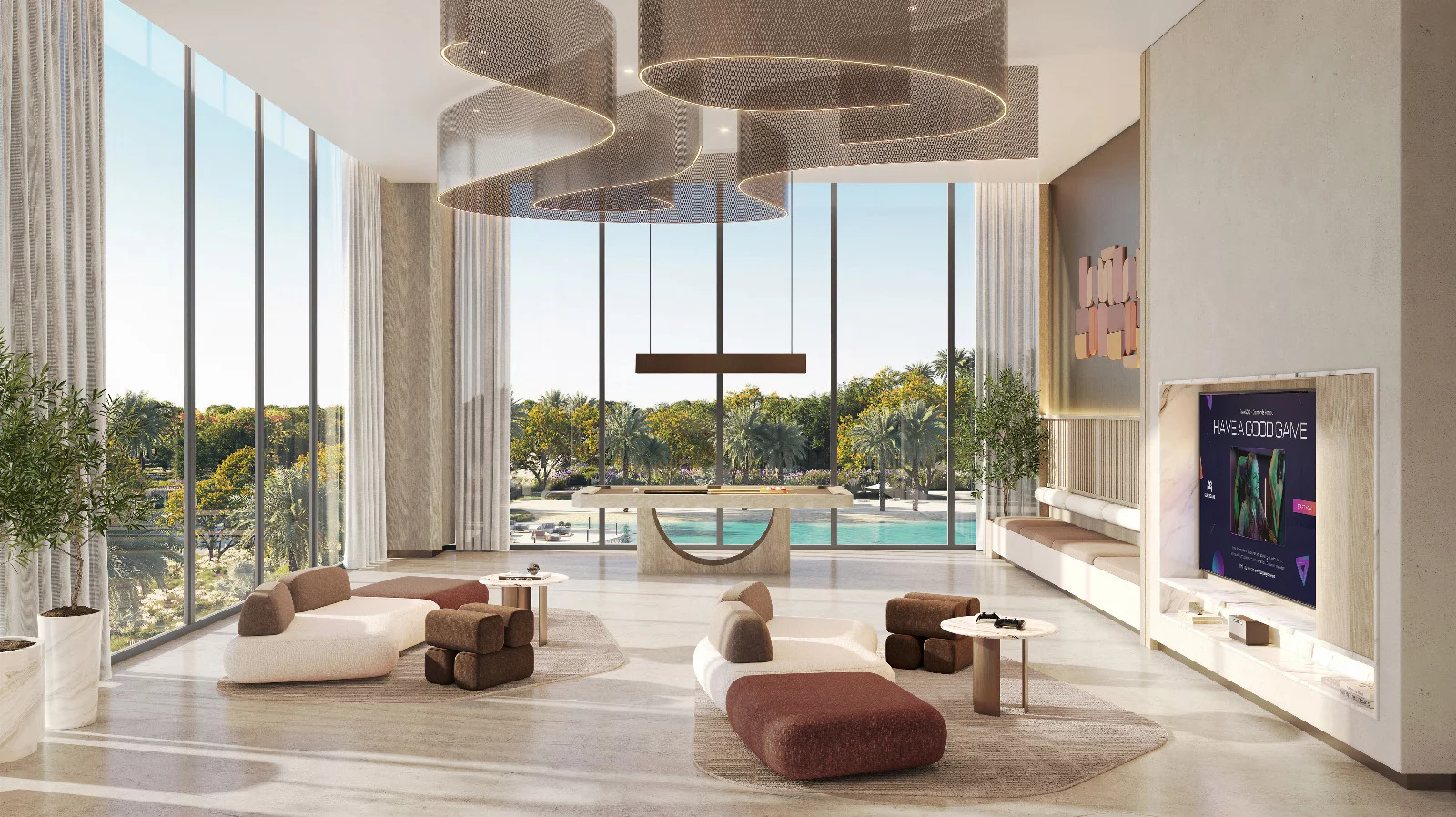 Interior architectural render of a residential amenity or lounge space.