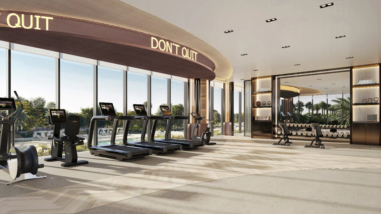 Architectural interior render depicting a residential-style gym or fitness amenity.