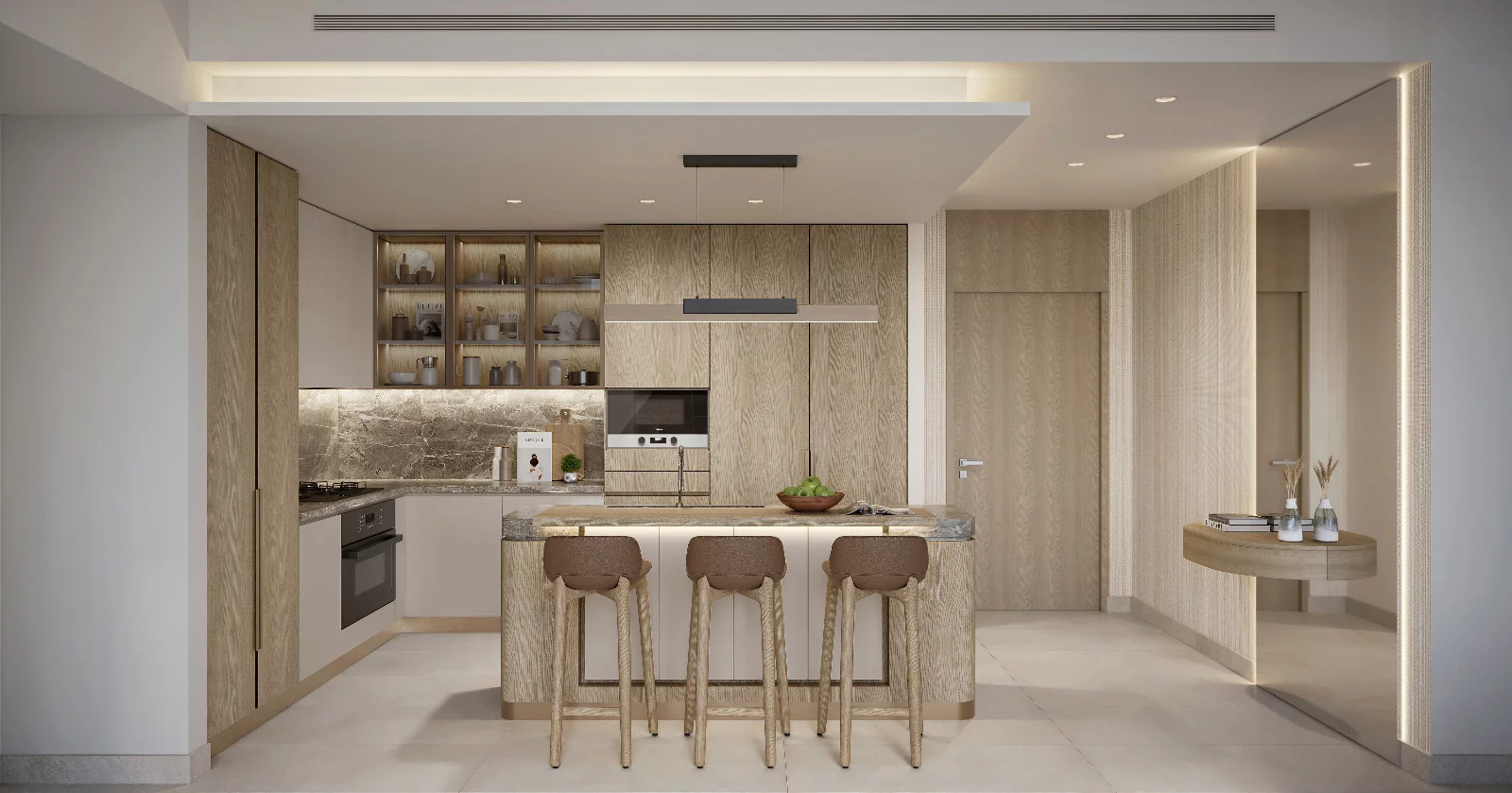 Architectural visualization of a residential kitchen and dining interior with no visible project identification or date.