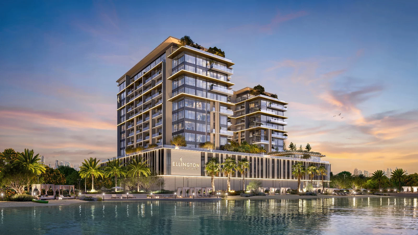Architectural exterior render of a waterfront residential development branded ELLINGTON PROPERTIES.