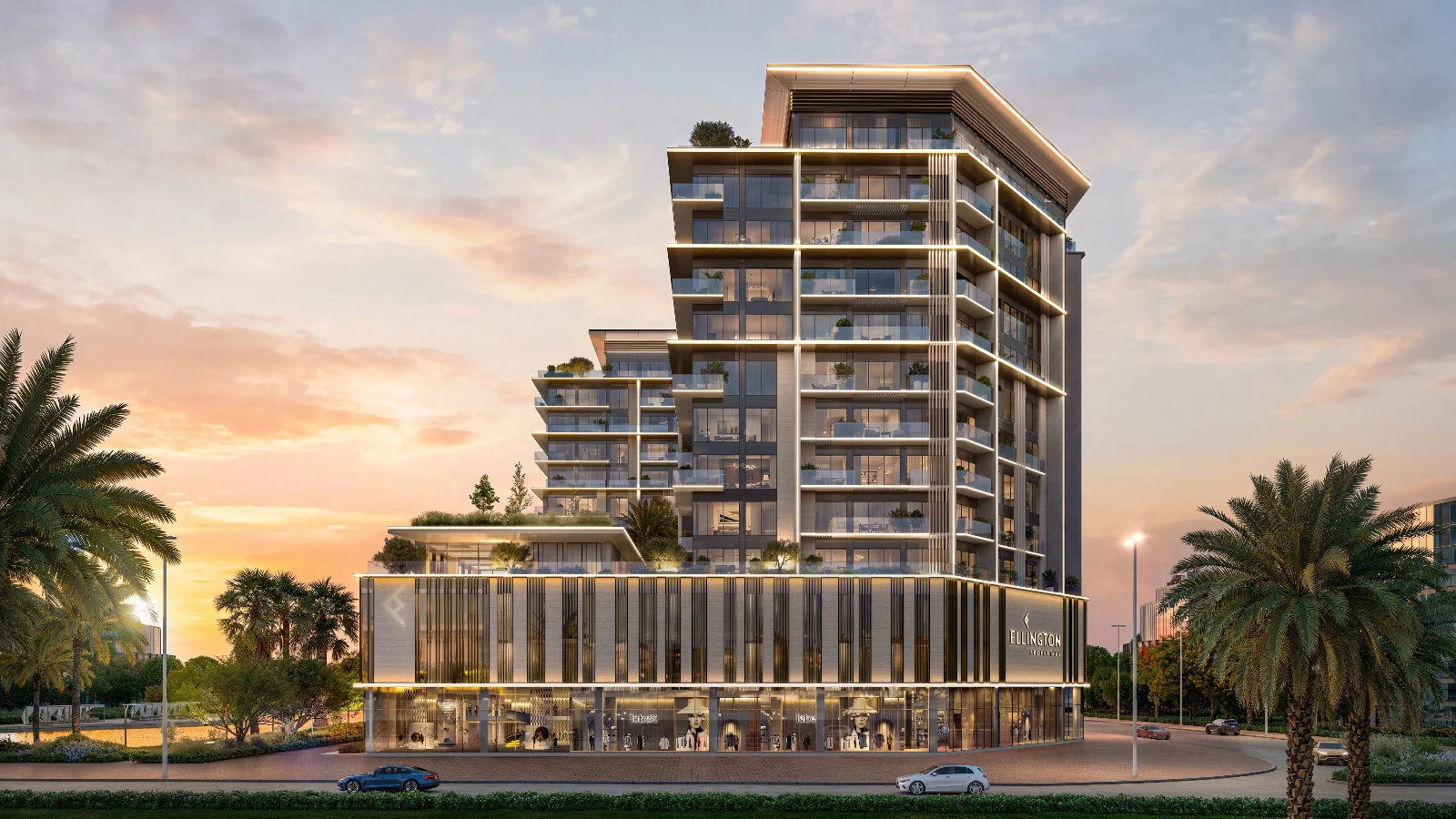Architectural exterior render of a residential building with visible Ellington Properties branding.