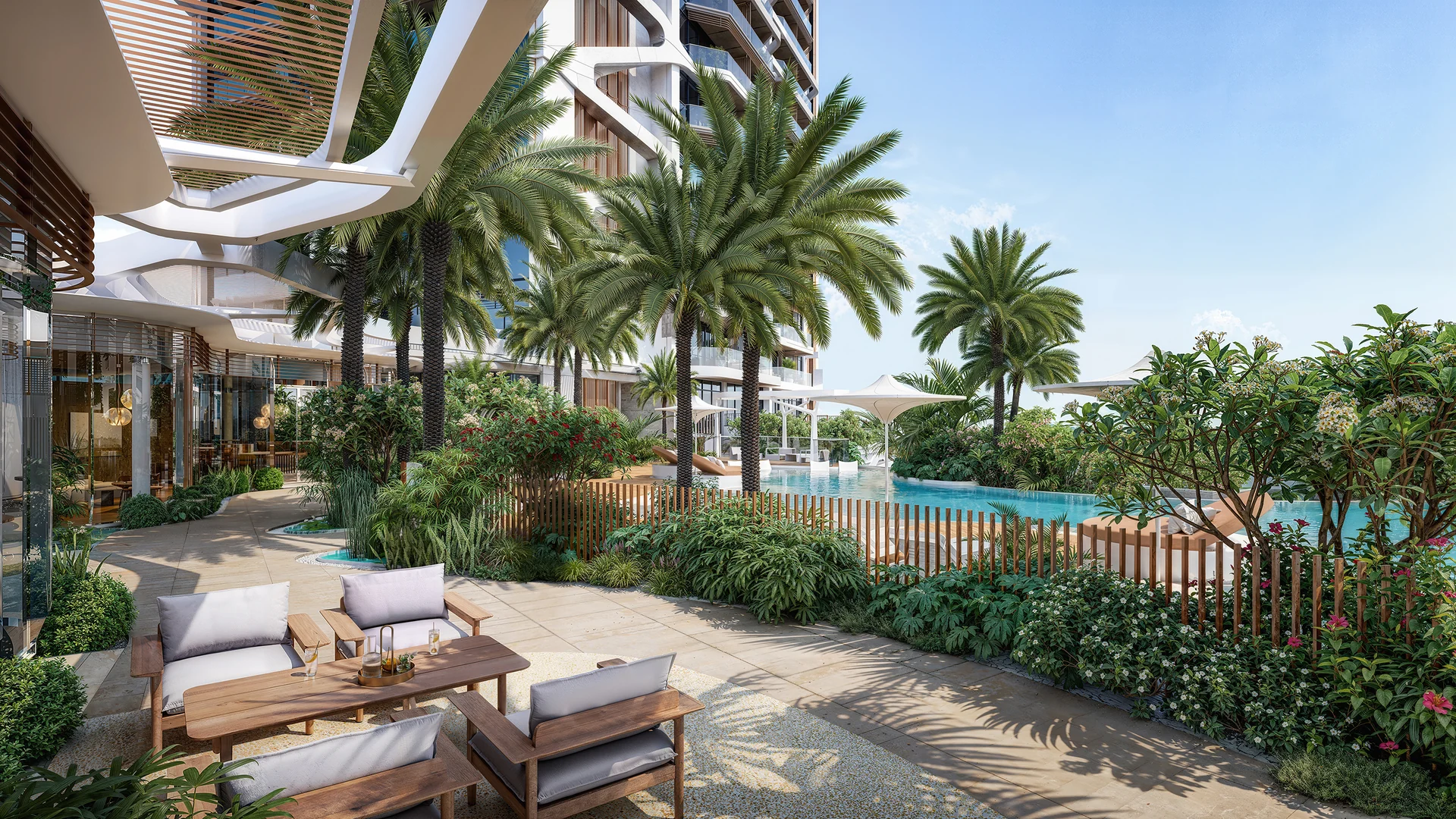 Eltiera Heights landscaped outdoor seating beside the pool
