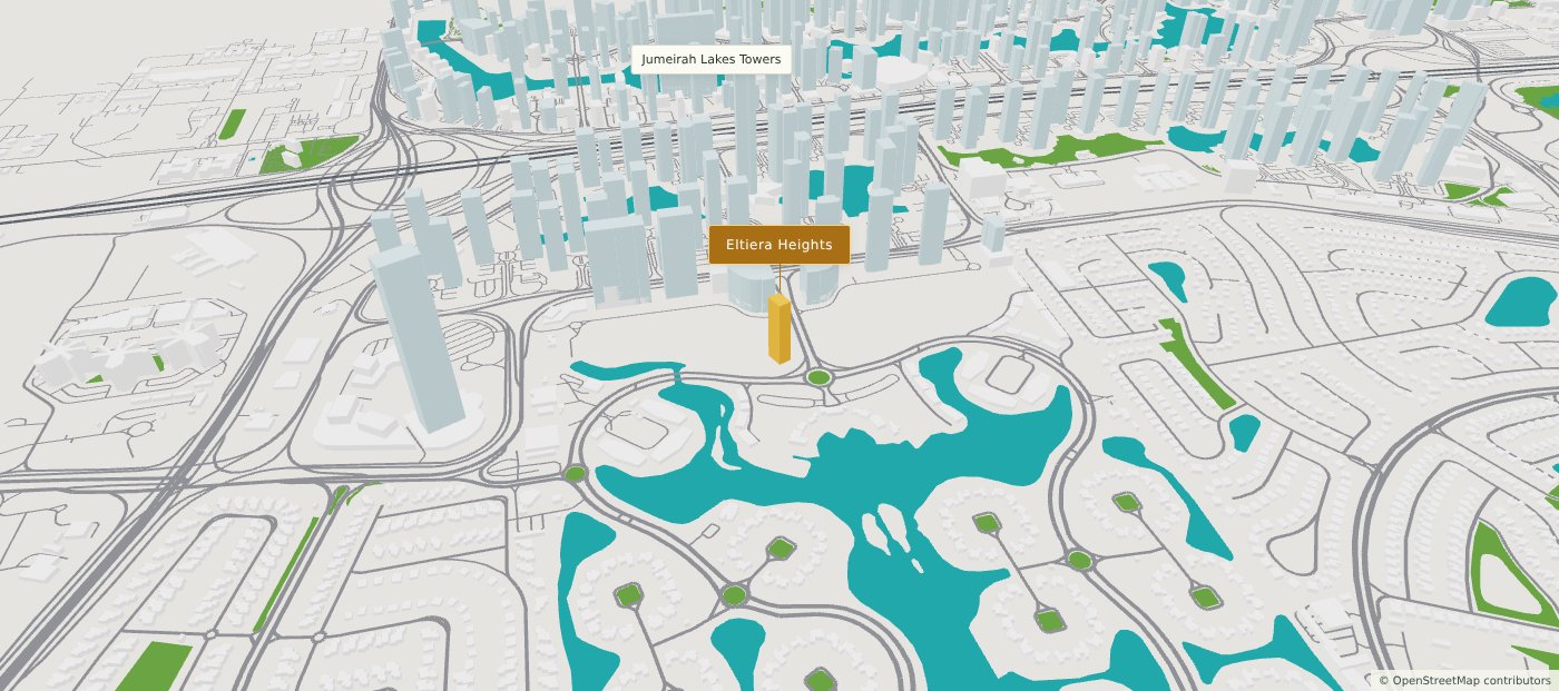 Illustrative 3D neighbourhood with Eltiera highlighted in gold