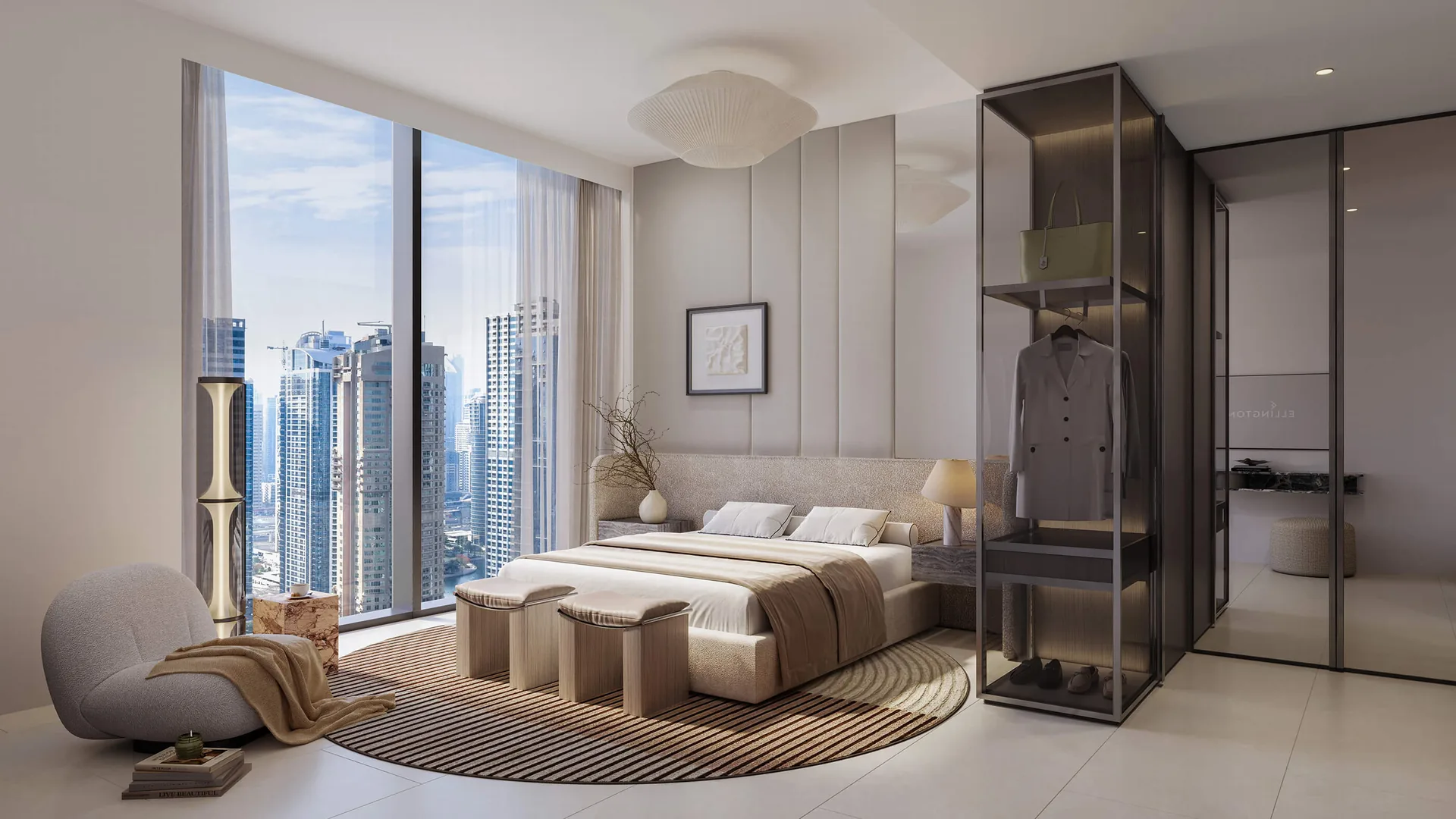 Eltiera Heights apartment bedroom with full-height glazing